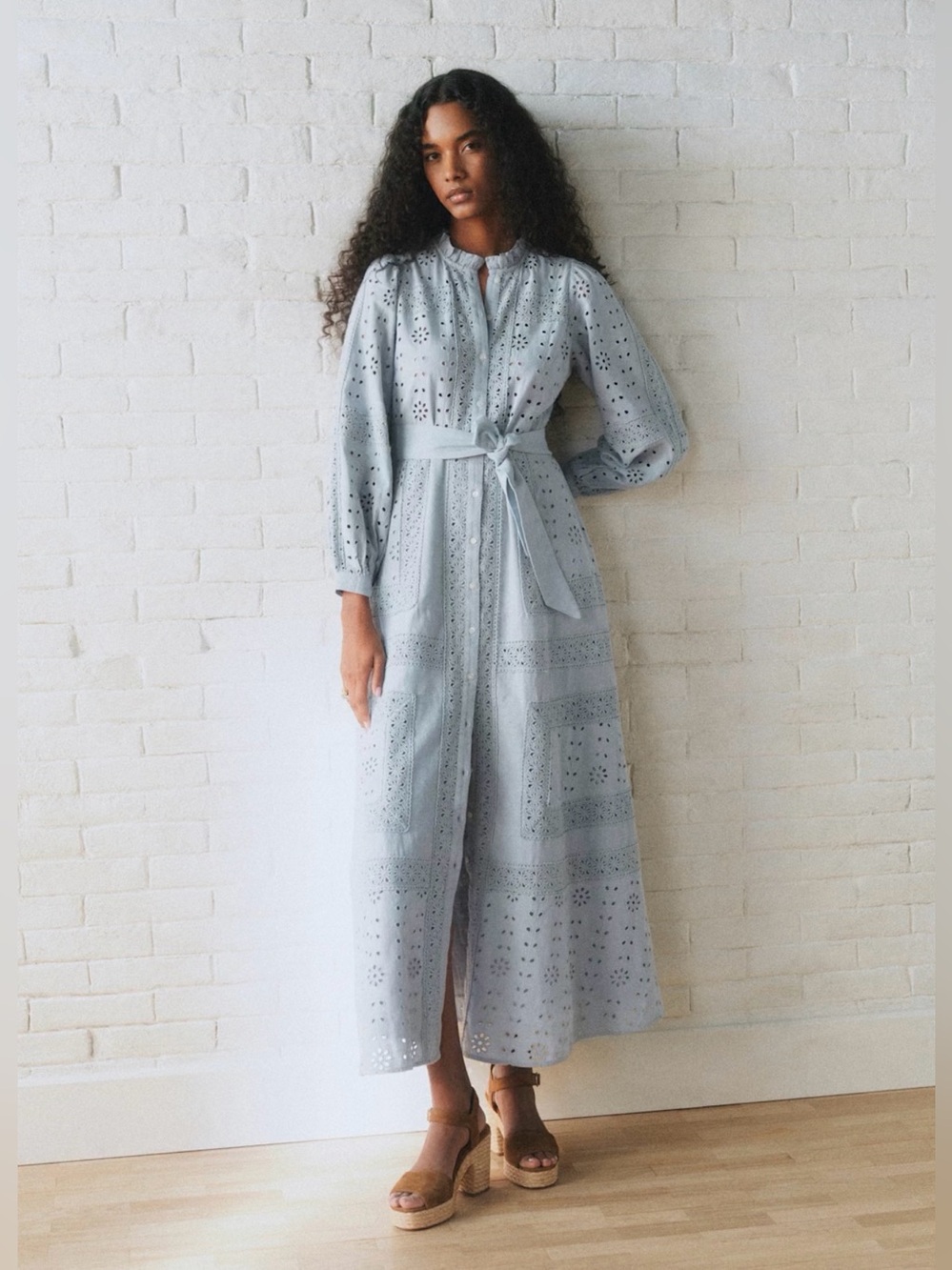 Sezane Romina Eyelet Embroidered Linen Blend Maxi Dress – Sky Blue - Picture 3 of 10